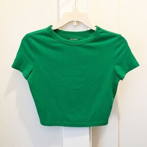 Wild Fable Green Crop Top Small Short Sleeve Cotton‎ Recycled Polyester Spandex